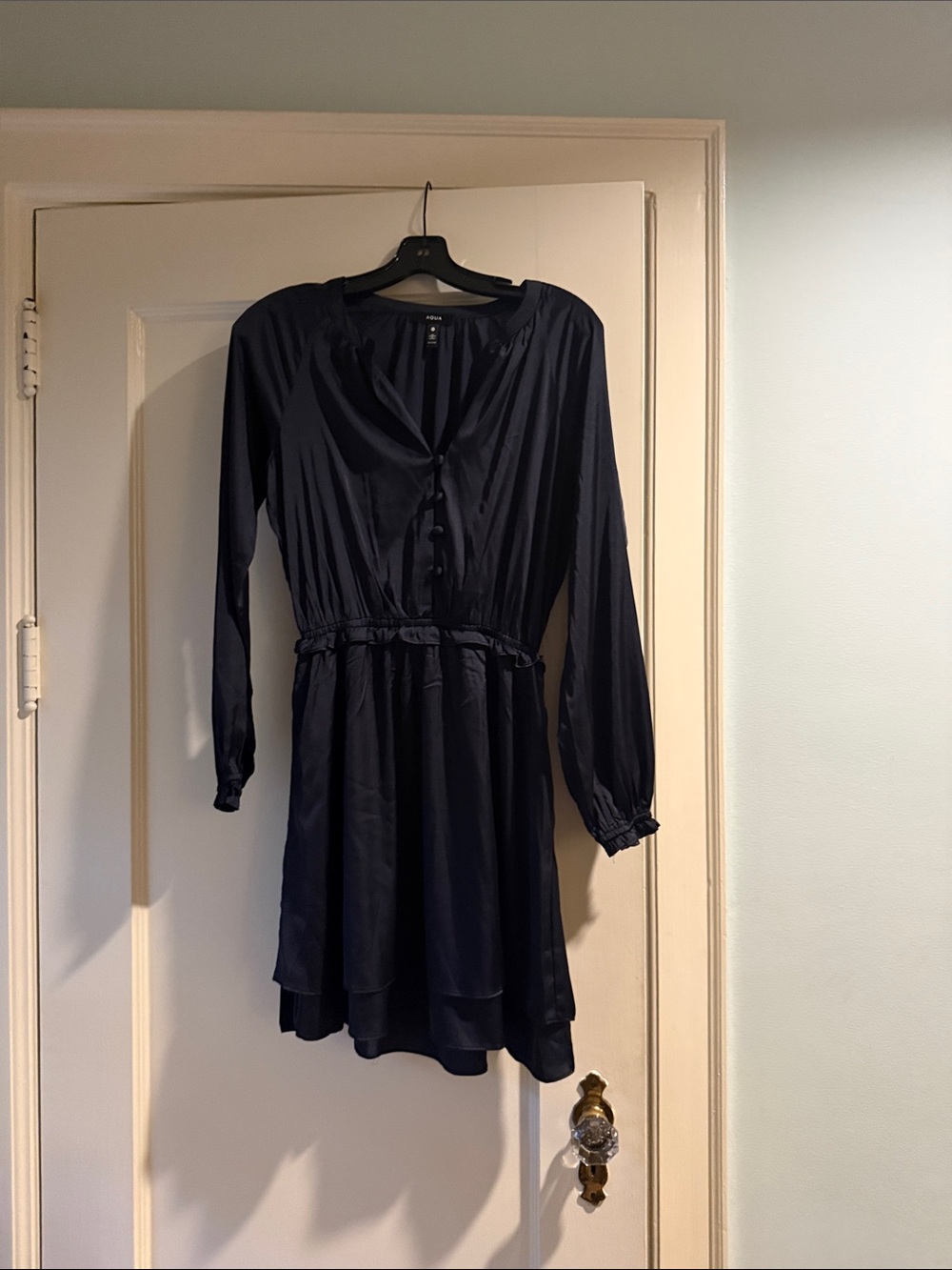 Aqua Deep Navy Long-Sleeve Tiered Button Dress